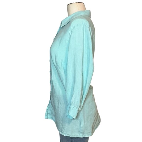 Coldwater Creek aqua linen ¾ adjustable sleeve blouse XL (16) - Picture 2 of 12